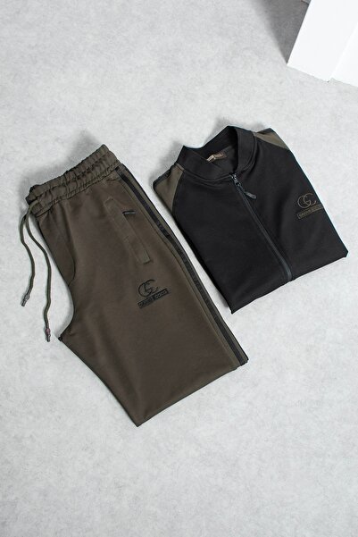 grand coco Men's 2-thread combed cotton fabric wide leg khaki black tracksuit...