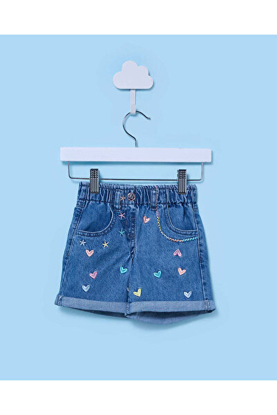 REDTAG Infant Girls Light Wash Shorts With 3D Appliqué