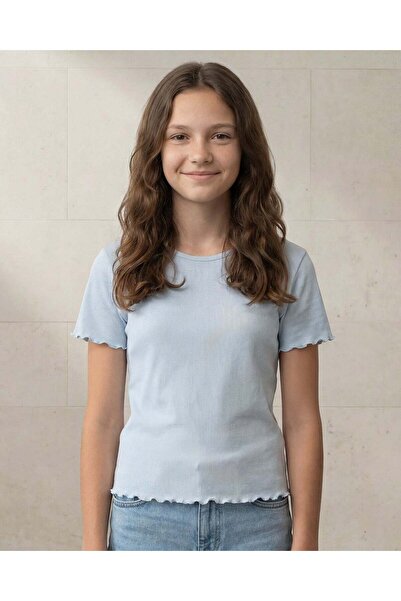 REDTAG Senior Girls Pale Blue Jacquard Short Sleeve Top