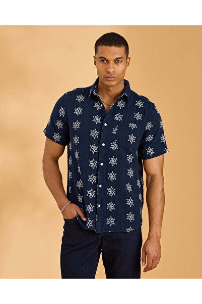 REDTAG Men Navy Allover Embroidered Cotton Shirt