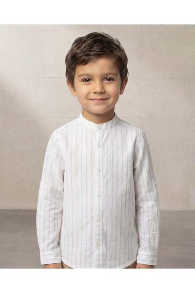 REDTAG Boys White Striped Cotton Slub Mandarin Collar Long Sleeve Shirt
