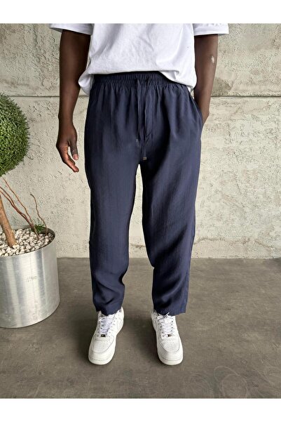 KağanKY Navy Blue Tensel Fabric Boyfriend Pants
