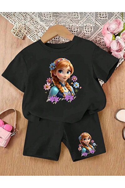 Kids Yeni örgü saçlı kız baskılı Alt üst t-shirt şort ikili takım