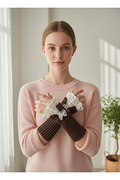 Innovate Store Brown Hand Knitted Lace Fingerless Gloves Women's Bohemian Lac...