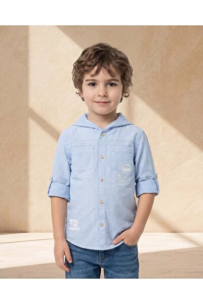 REDTAG Boys Blue Stripe Hooded Long Sleeve Shirt