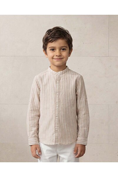 REDTAG Boys Beige Striped Mandarin Collar Long Sleeve Shirt