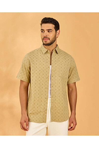 REDTAG Men Beige Jacquard Regular Collar Shirt