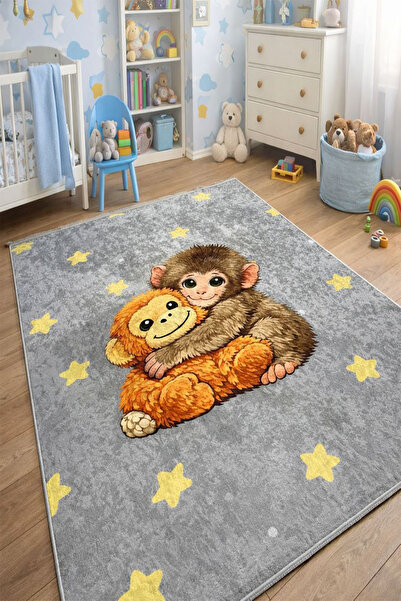 Beyhome Maymun Punch Desenli Yıkanabilir Kaymaz Taban Çocuk Odası Halısı