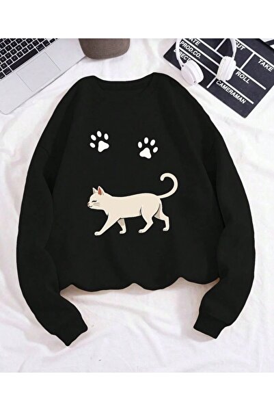 Kids Χειμερινό φούτερ με στάμπα γάτας που περπατάει και πατούσα, ΜΑΥΡΟ