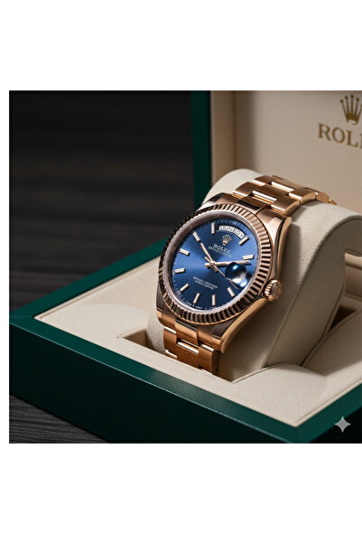 LAOBAN ساعة نسائية فاخرة من الذهب الوردي، تعرض التاريخ واليوم، بمينا أزرق