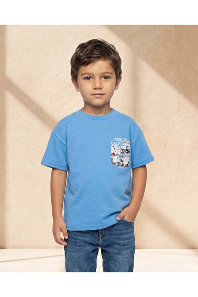 REDTAG Boys Blue Striped Sleeve Modal T-Shirt