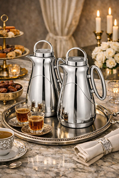 Louvre طقم ترامس تقديم ستانلس ستيل فضي لامع – سعة 1+1 لتر بتصميم فاخر لضيافة ...