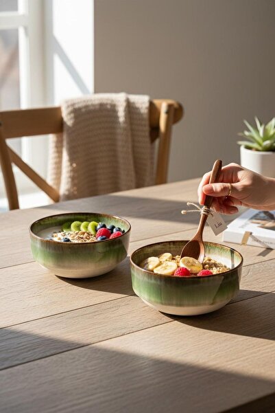 Lia Porselen 2'li Granola ve Salata Kase Seti 14 cm - Yeşil Akıtma File