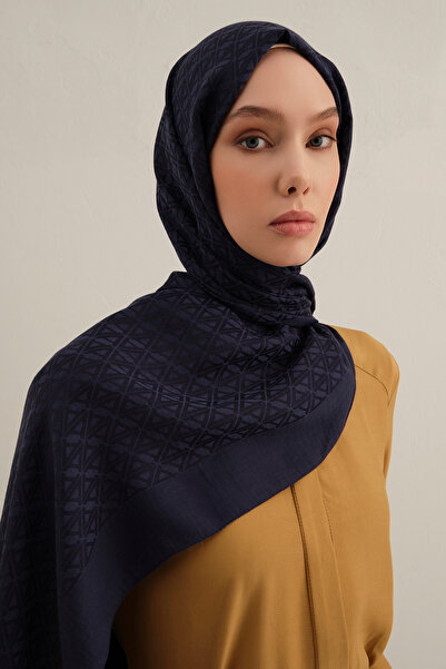 Armine Lyocell Shawl - Double a Logo Pattern - Aly5-03 - Navy Blue