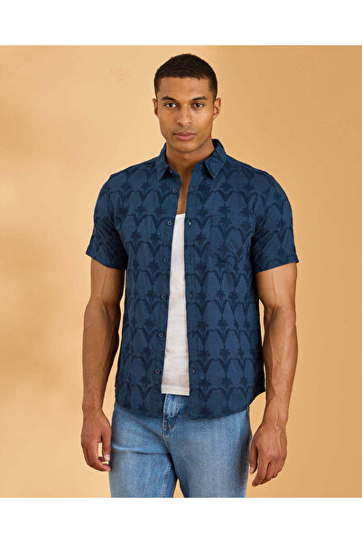 REDTAG Men Navy Embroidered BCI Cotton Shirt