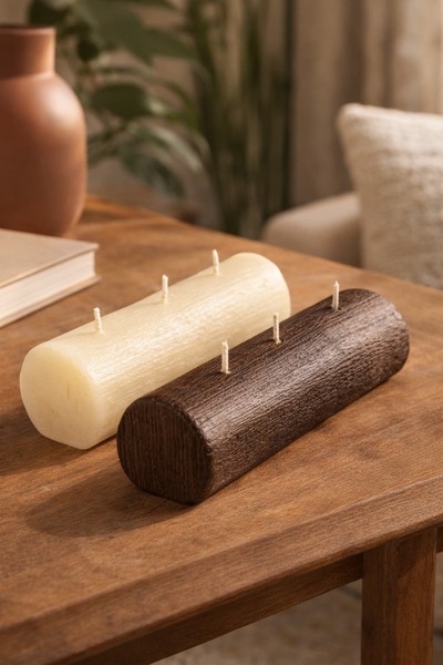 Shoporatr FGN Atölye El Yapımı Rustik Kahverengi Krem Silindir Dekor Mum Seti