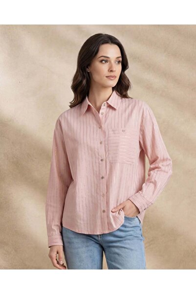 REDTAG قميص نسائي وردي مخطط بأزرار أمامية من قماش اللوريكس