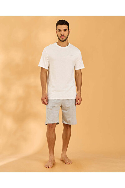REDTAG Men White And Grey T-Shirt & Shorts Pyjama Set