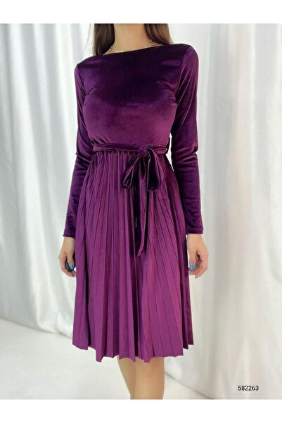 Modafeminen Μωβ Πλισέ Βελούδινο Φόρεμα 582263