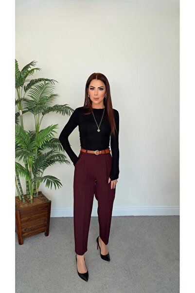 DİDEM GÜLTAKTI Jove Women's High Waist Belted Plum Pants