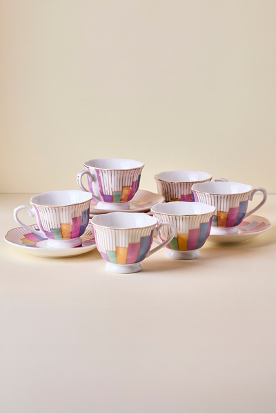 Perotti Antik 12 Parça 6 Kişilik Renkli Damalı Porselen Kahve Fincanı Takımı