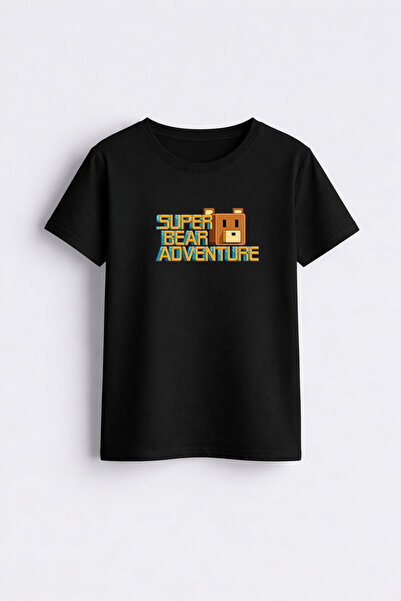 AYDESİGN Super Bear Adventure Baskılı Bisiklet Yaka Siyah Çocuk Tişört T-shirt