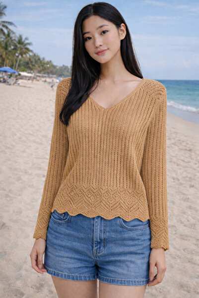 AQE FASHION Women's Knitwear Blouse Camel V-Neck Long Sleeve Openwork Lace De...