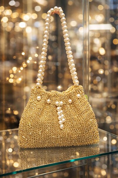 LEATHEROO Geantă de mână tricotată manual din fir metalic auriu, cu perle și ...