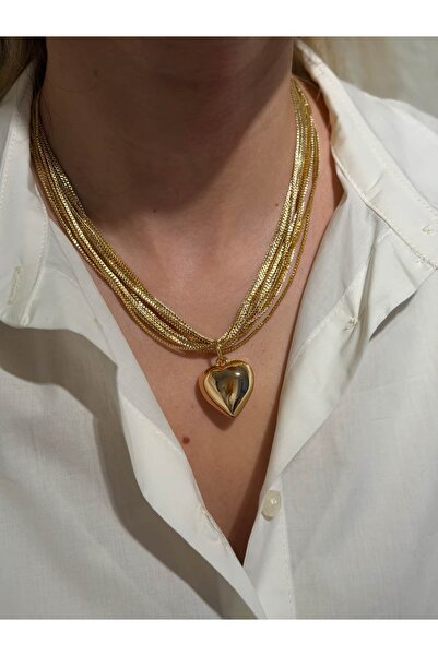 gingillo aksesuar Gold Renk Çoklu Zincir Kalp Kolye