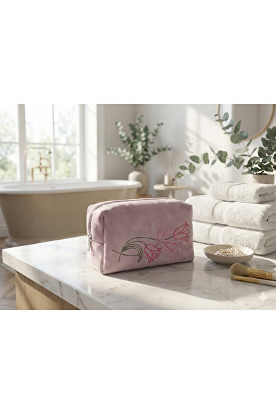 ELVİRA BAG Pembe Lale İşlemeli Kadife Kozmetik Çantası (20x8x8)