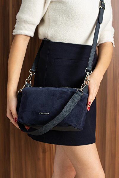 PIEL LINO Women's Genuine Suede Leather Shoulder and Crossbody Bag Pl037-S Navy Blue