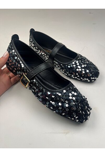 Nstil Daily Women's Black Silver Ballerina Shoes with Straps, Rubber Buckle, ...