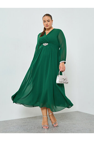 Styli Plus Size Green Long Sleeves A-Line Maxi Dress