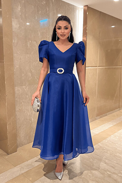 giyimmasalı Organze Şifon Kumaş Kısa Kol Midi Boy Elbise - SAKS MAVİ