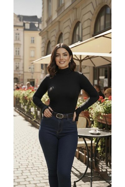 THEBEK Women's Fingerless Body Fingerless Turtleneck Sweater Super Quality Turtleneck Black