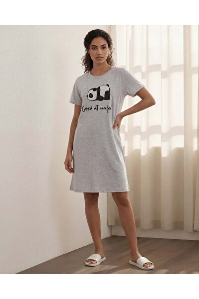 REDTAG Ladies Grey Melange Placement Print Short Sleeve Nightshirt