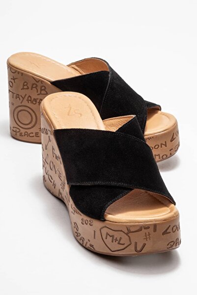 Zeynep Sıradağlı Harvey Women's Genuine Leather Wedge Heel Slipper Black Suede
