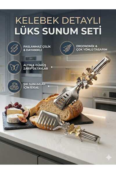 LOVYCO Lüks Kelebek Figürlü 2'li Çelik Sunum ve Servis Maşası Seti - Gold & G...