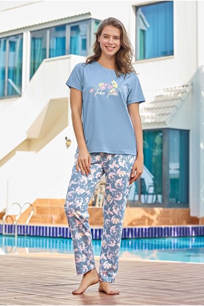 Aydoğan Women's Blue Floral Patterned Comfortable Cut Double Pajama Set - Sum...