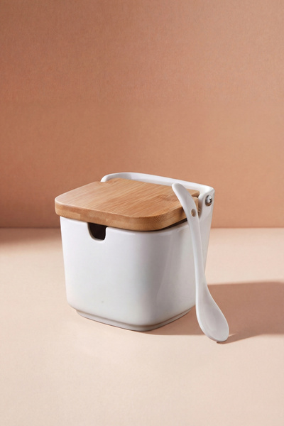 GÖNÜL Bambu Kapaklı Porselen Tuz Saklama Kabı 9x9x8,6 cm, Kaşıklı, Tezgah Üst...