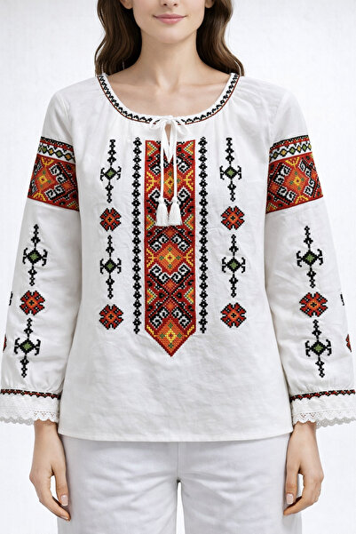 Nobrand Traditional Romanian embroidered blouse, white, red-black multicolor ...