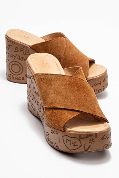 Zeynep Sıradağlı Harvey Women's Genuine Leather Wedge Heel Slipper Tan Suede