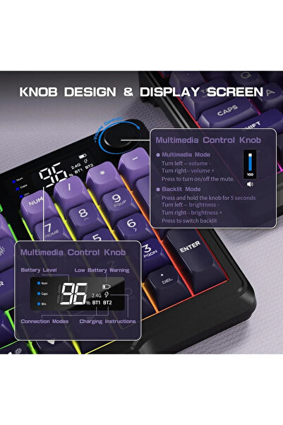 Sarftech Freewolf M96 2.4G+Bt5.0 Triple Mebran Sessiz Tasarım TFT Led Ekranlı Reinbow Gaming Oyuncu Klavye