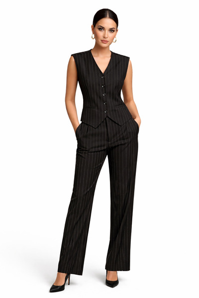 LITTLE&CO Kadın Çizgili Pinstripe Yelek Pantolon Takım – Klasik & Modern Ofis...