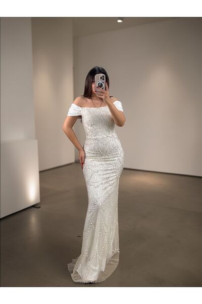 OLA Divor Boncuk Ve Payet İşlemeli Düşük Kollu Bordo Abiye Elbise