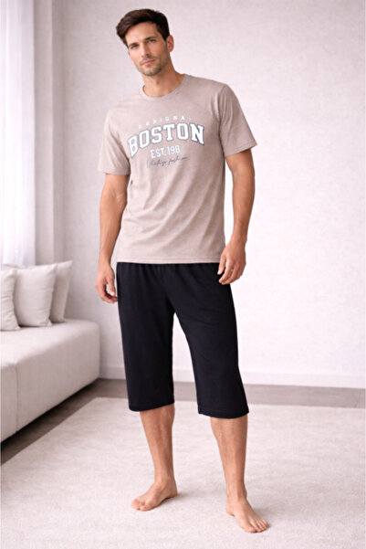 SUDE HOME Men's Cotton Pajamas 'Boston Original' – Beige & Black 3/4