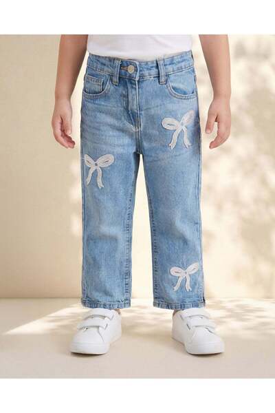 REDTAG دنيم جينز أزرق واسع الأرجل للبنات مزين بفيونكة وترتر