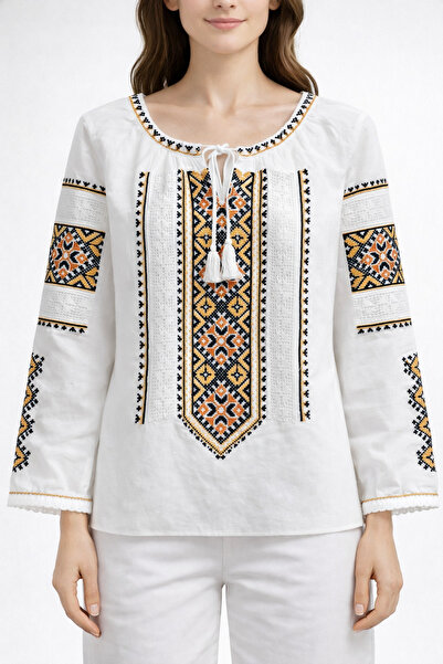 Nobrand Traditional ladies' shirt with black-gold stitched embroidery, premiu...