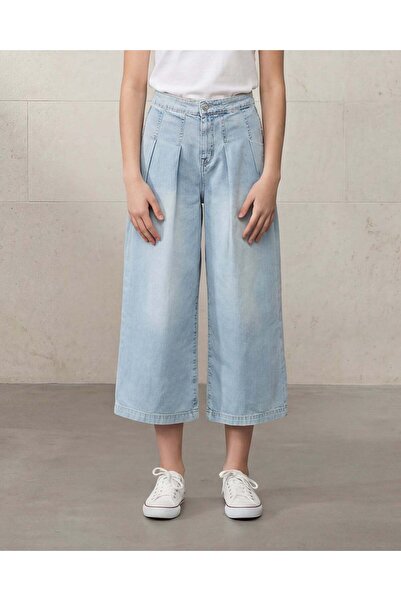 REDTAG Senior Girls Light Wash Pleated Front Wide Leg Jeans