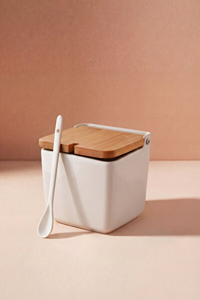 GÖNÜL Porcelain Salt Storage Container with Bamboo Lid 9X9X8.6 Cm, with Spoon...